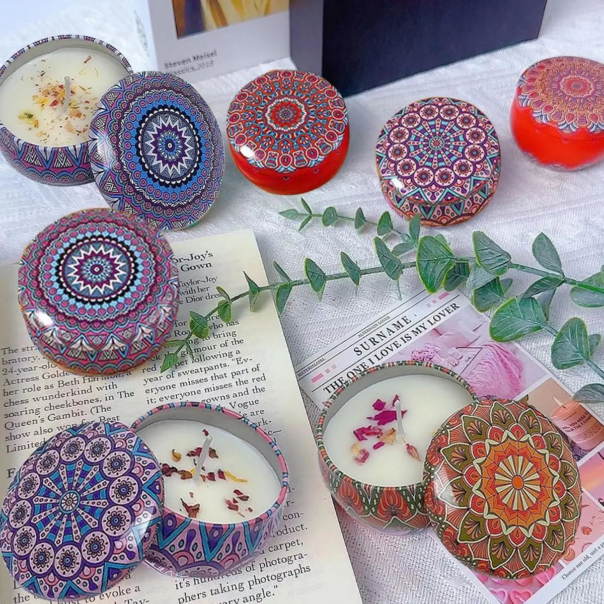 Small Mandala Scented Candle in Tin, 2.36in with Dried Flowers, for Home Decor, Relaxation & Gifting, 40-50H Burn Time