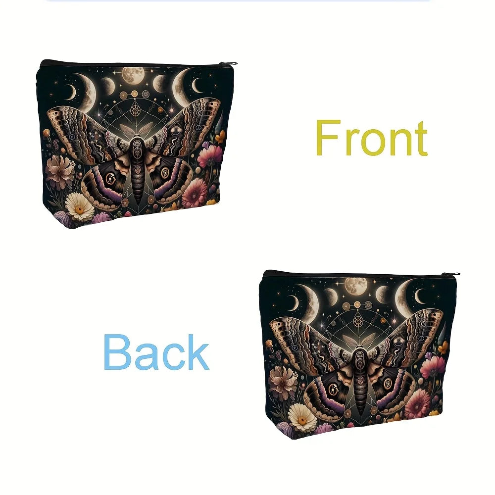 Gothic Moth Witchy Vibes Celestial Makeup Bag Durable Not Fade Zipper Pouch Lightweight Floral Sun and Moon Cosmetic Travel Bag