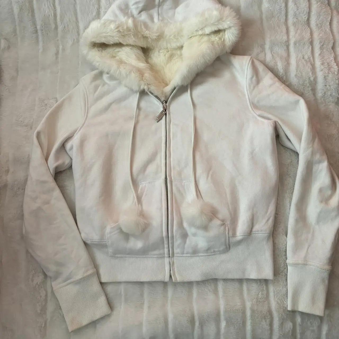 Y2K Spicy girl style plush hooded short zipper sweatshirt Studded white cropped Zip Hoodies personality Sweet Cool Zipper coat