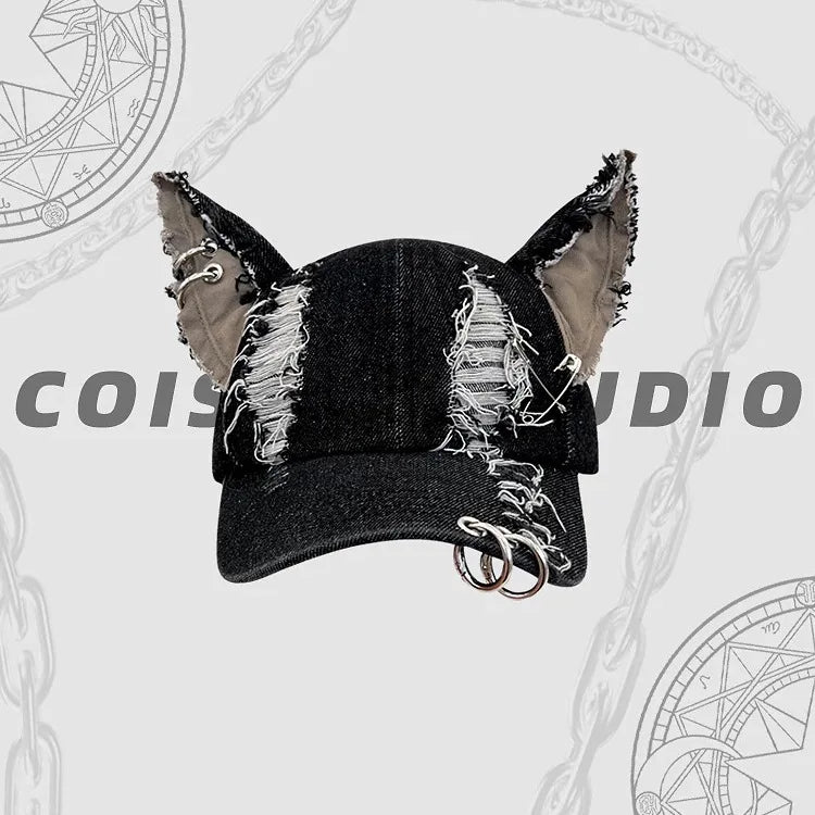 2026 New Y2k Rabbit Ears Denim Ripped Baseball Cap Men and Women Dark Personality Metal Ring Street Trend Adjustable Cosplay Hat