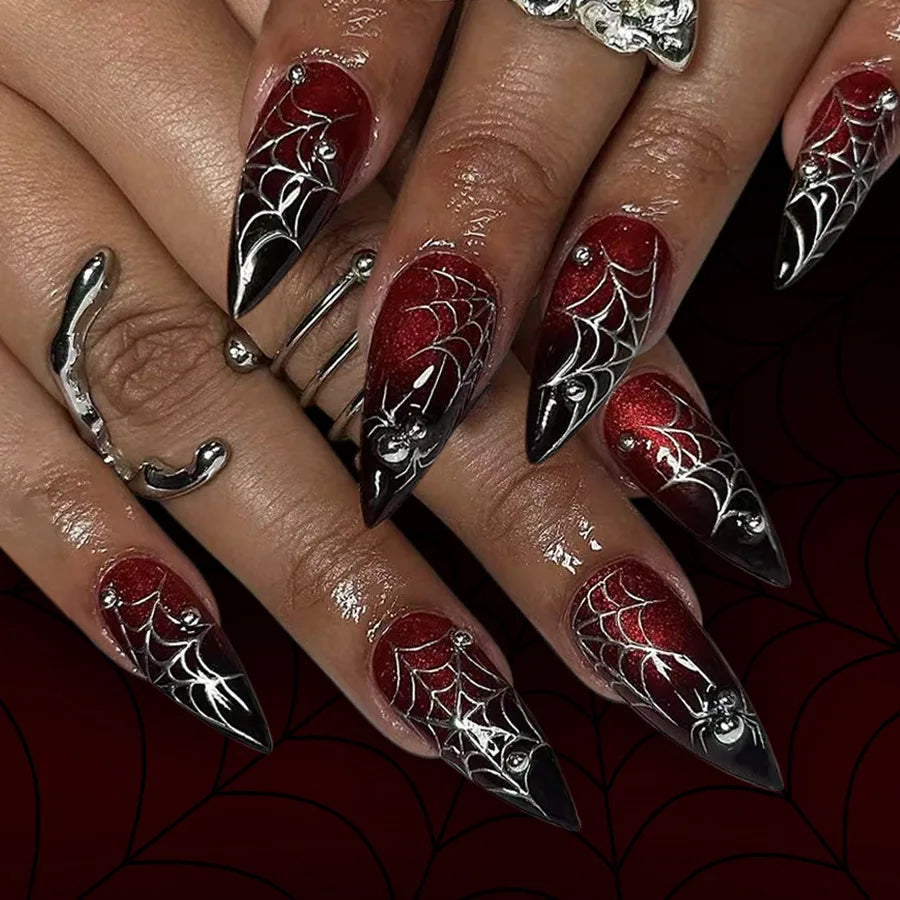 24Pcs False Nails Spicy Girl Silver Bow with Diamond Fake Nails with Glue Almond Press on Nails Black Cool Y2k Almond Nail Set