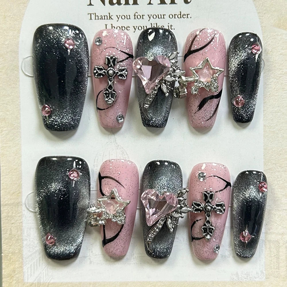 Artificial Nail Sparkling Pink Diamond Surrounding Planet Flame Cat Eye Nails Reusable and Removable Nails