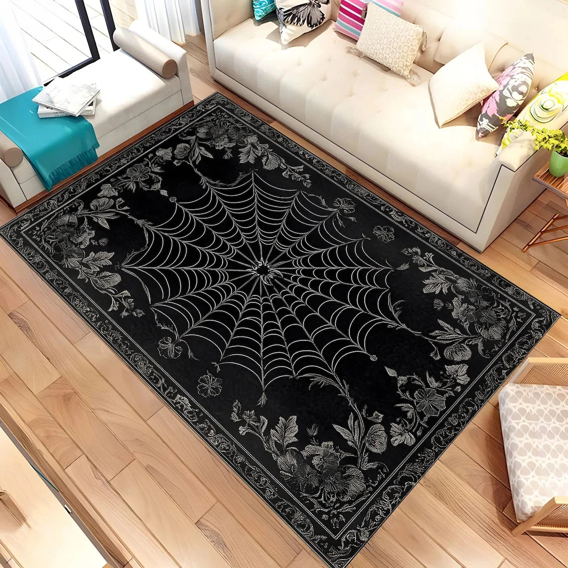 Gothic Spinnennetz Carpet - Gothic Witchy Halloween Room Decor Schwarz Roter Bereich Rug Living Room Bedroom Decor Rug Washable