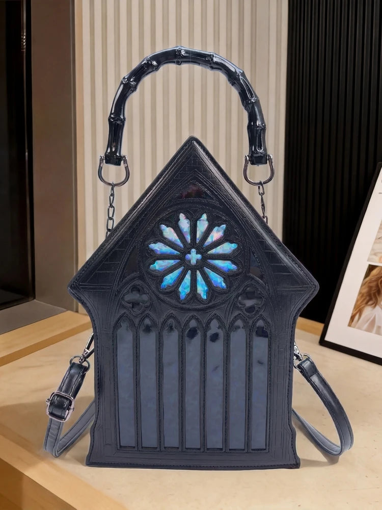 Niche Gothic Chapel Handbag for Women Unique Stained Glass Cathedral Tote Bag Bamboo Crossbody Bag for Dark Grunge Aesthetic