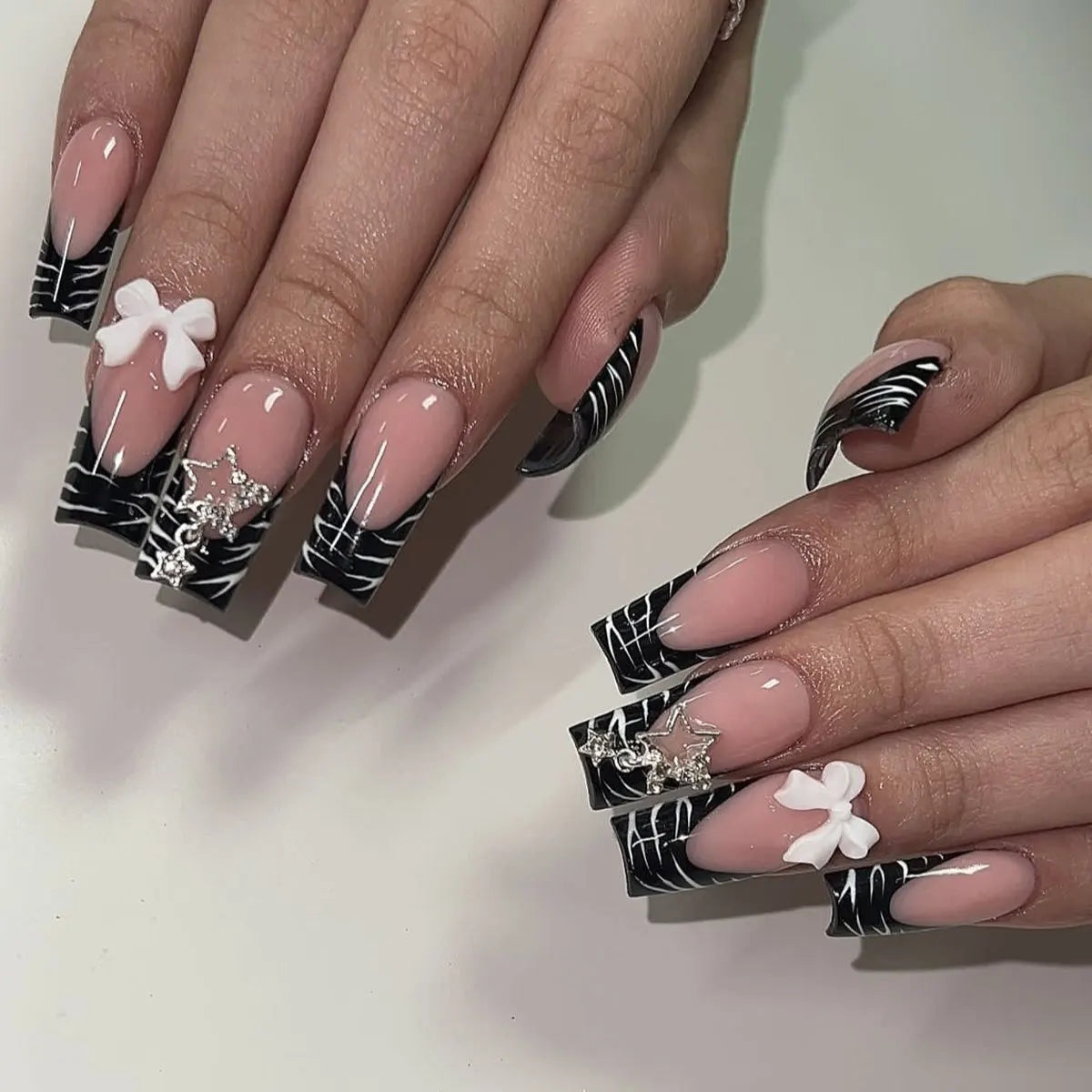 24Pcs Long Coffin French False Nails with Glue Bow Diamond Stick on Press on Acrylic Nails Black Ballerina Nail Art Manicure Tip