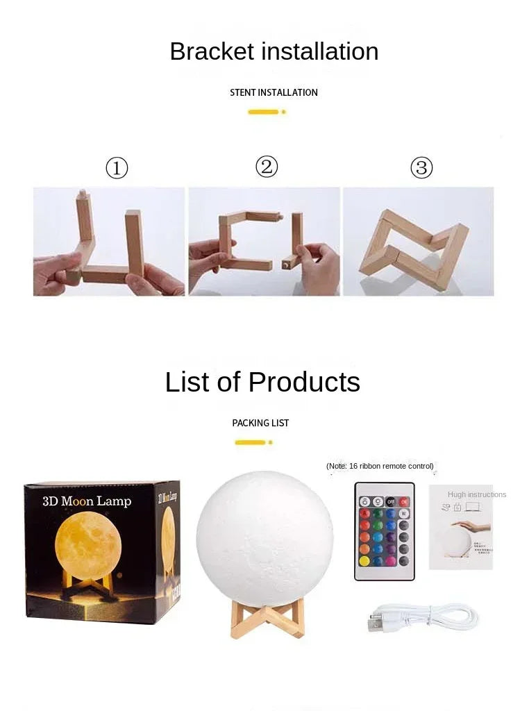 3D Printed Moon Lamp LED 16 Colors Rechargeable Night Light Touch The Moon Children's Night Light Home Decor Birthday Gifts