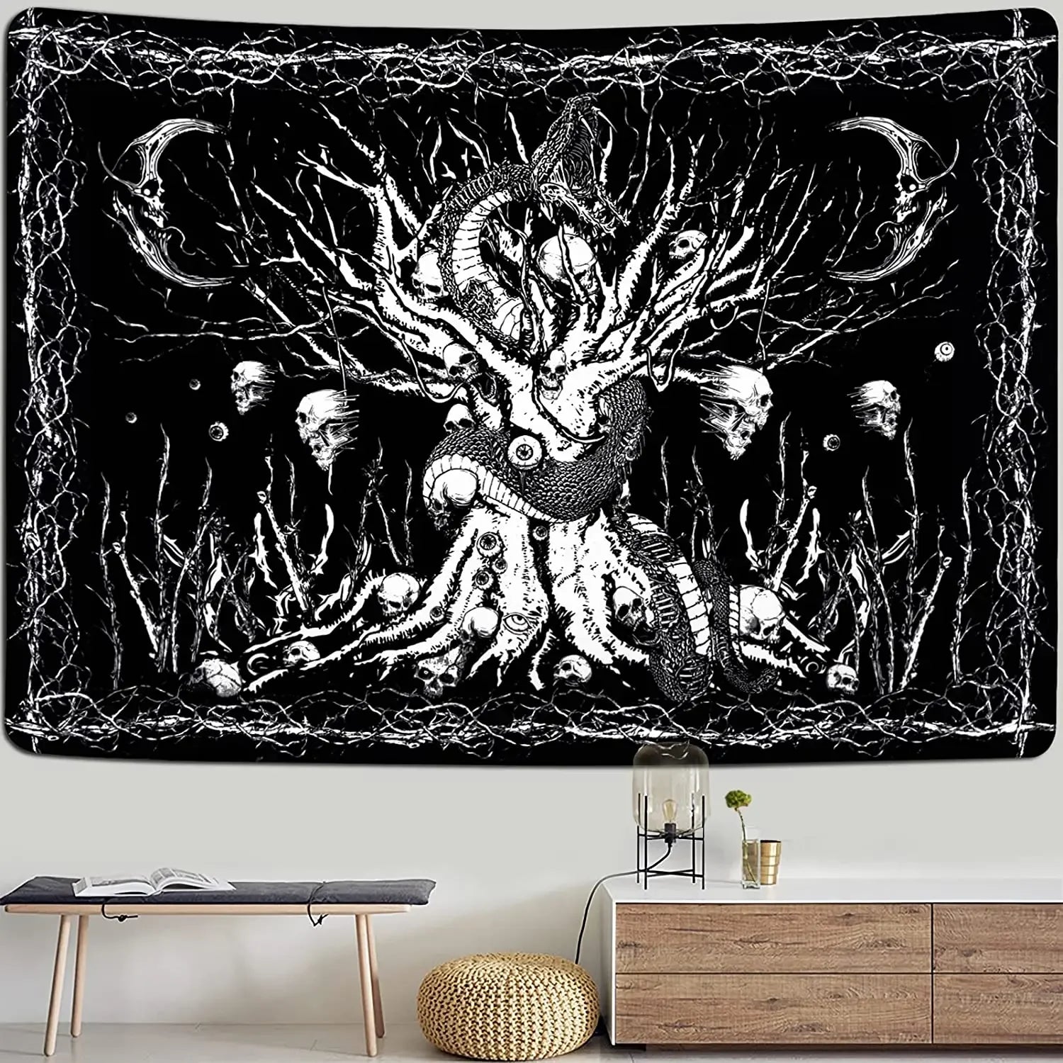 Gothic Skull Tapestry Black and White Skeleton Tapestry Wall Hanging for Bedroom Hippie Eyes Boho Home Decor Trippy Moon Cloth