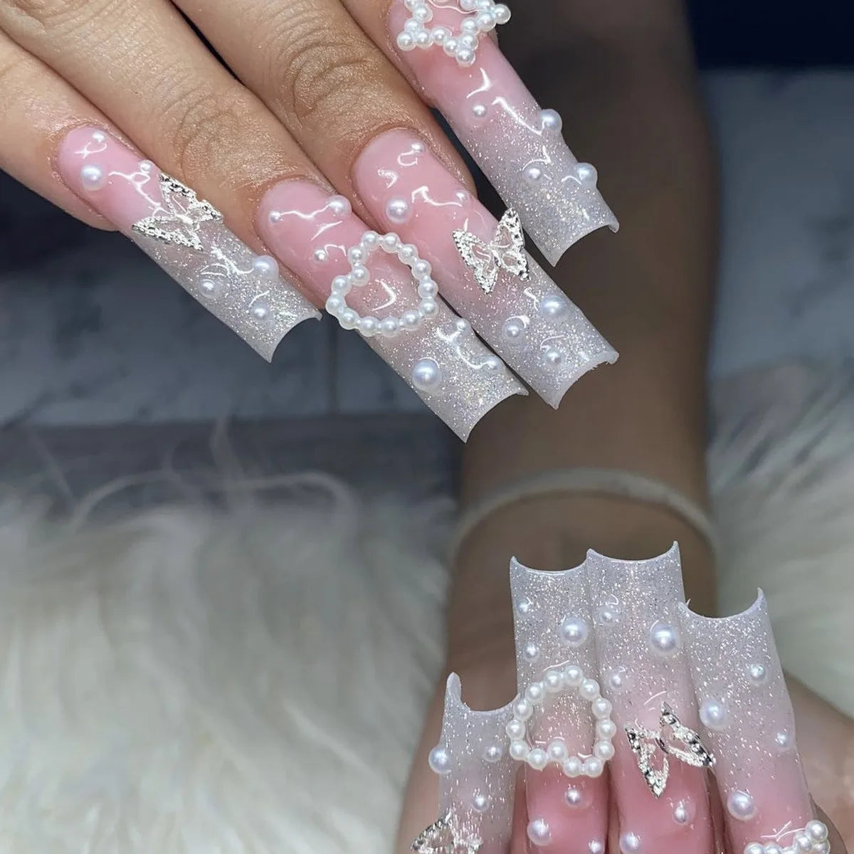 24Pcs Long Coffin French False Nails with Glue Bow Diamond Stick on Press on Acrylic Nails Black Ballerina Nail Art Manicure Tip