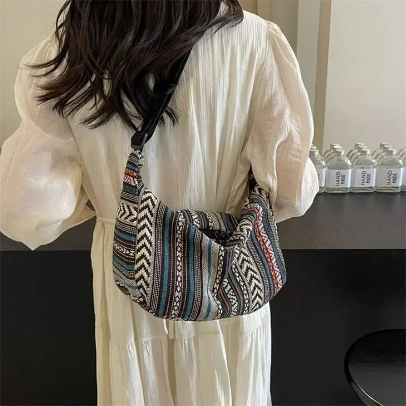 Tribal Style Shoulder Bag, Foldable Crossbody with Zipper Closure, Striped Pattern, Edge Painted Lining