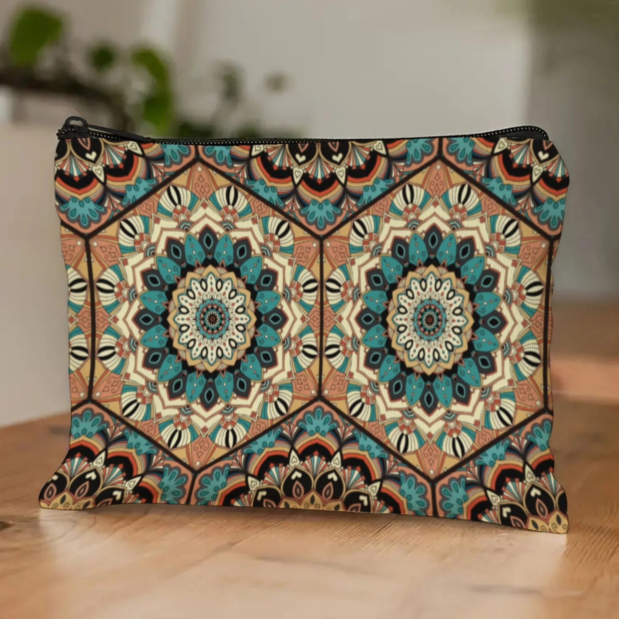 Ethnic Bohemia Art Mandala Zipper Pouch Cosmetic Bag Symmetrical Geometric Florals Blue Brown Beige Soft Canvas Zipper Closure