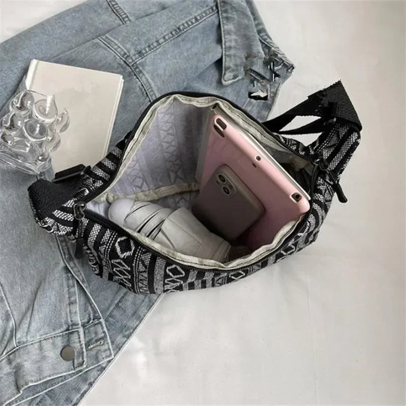 Tribal Style Shoulder Bag, Foldable Crossbody with Zipper Closure, Striped Pattern, Edge Painted Lining