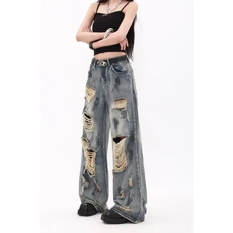 Oversize Blue Ripped Old Hot Girl Y2k American Retro High Waist Fashion Men And Women Hip Hop Straight Loose Wide Legs Jeans