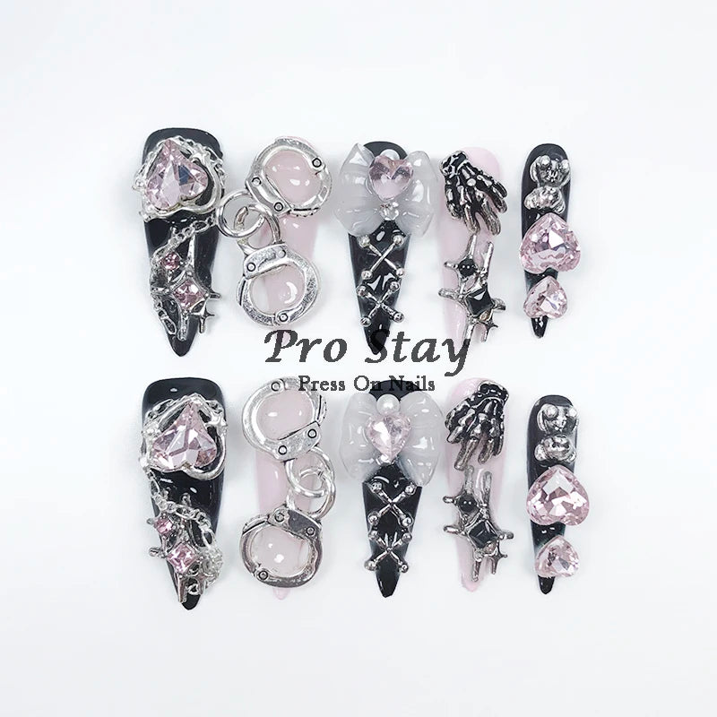 10pcs Dark black Y2k Hot Girl Handmade Press On Nails Sweet Cool  With Diamond Metal Decoration Wearable Artificial False Nail