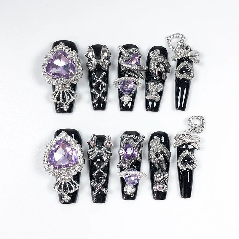 10pcs Dark black Y2k Hot Girl Handmade Press On Nails Sweet Cool  With Diamond Metal Decoration Wearable Artificial False Nail