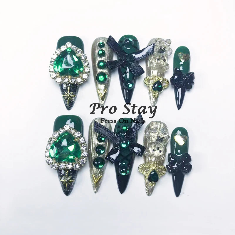 10pcs Dark black Y2k Hot Girl Handmade Press On Nails Sweet Cool  With Diamond Metal Decoration Wearable Artificial False Nail