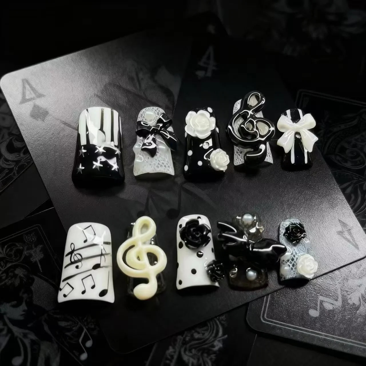 New 10pcs Handmade Gothic Press on Nails Punk Dark 3D Musical Note Design False Nails Fashion Duckbilled French Fake Nail Tips