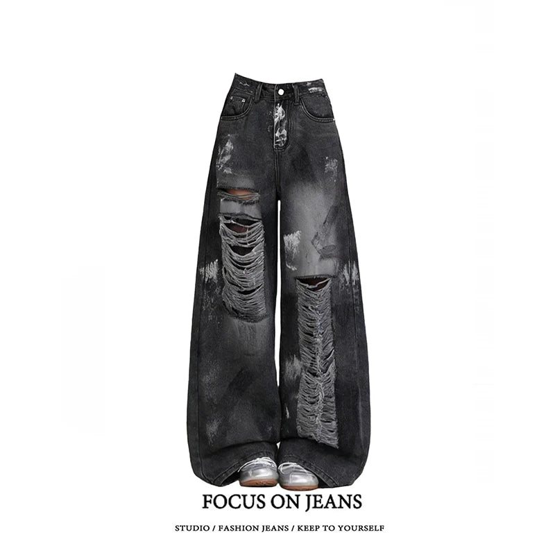 ZHIZOU Summer Women Jean Baggy Wide Fit Ripped Denim Pants Grunge Punk Y2K Hole Japanese Harajuku 2000s American Retro Boyfriend