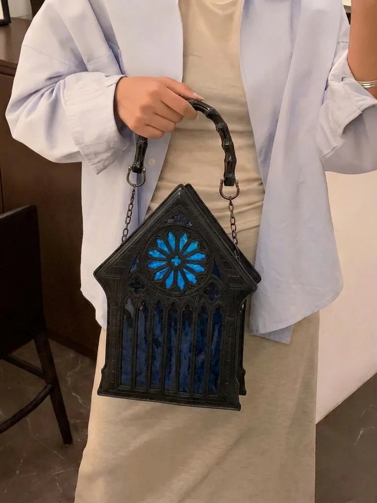 Niche Gothic Chapel Handbag for Women Unique Stained Glass Cathedral Tote Bag Bamboo Crossbody Bag for Dark Grunge Aesthetic