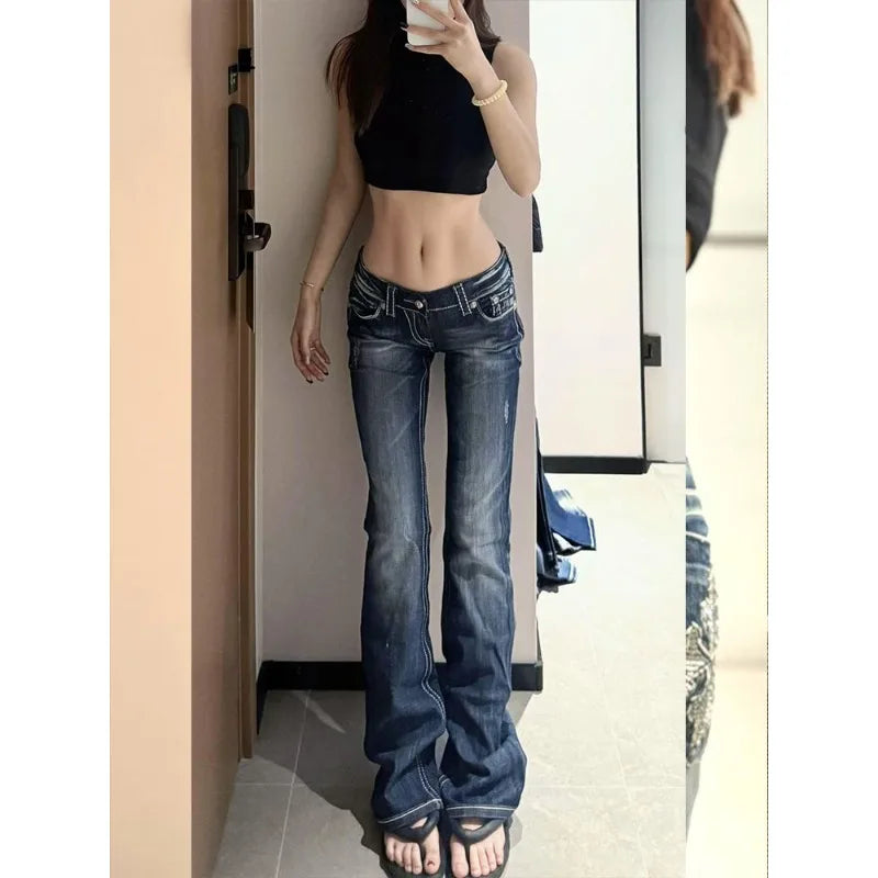 Women's Y2K Gothic Embroidery Hot Diamonds Denim Pants Harajuku Retro Hip Hop Low Waist Jeans Fashion Hot Girl Straight Jeans