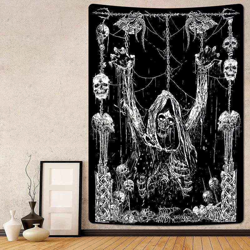 Gothic Skull Tapestry Black and White Skeleton Tapestry Wall Hanging for Bedroom Hippie Eyes Boho Home Decor Trippy Moon Cloth