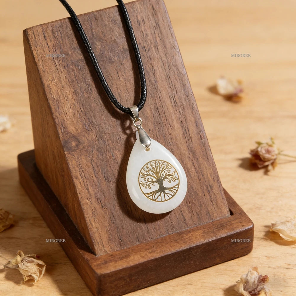 1pc Natural Gemstone Tree of Life Water Drop Pendant Necklace Spiritual Jewelry Birthday and Holiday Gift Jewelry
