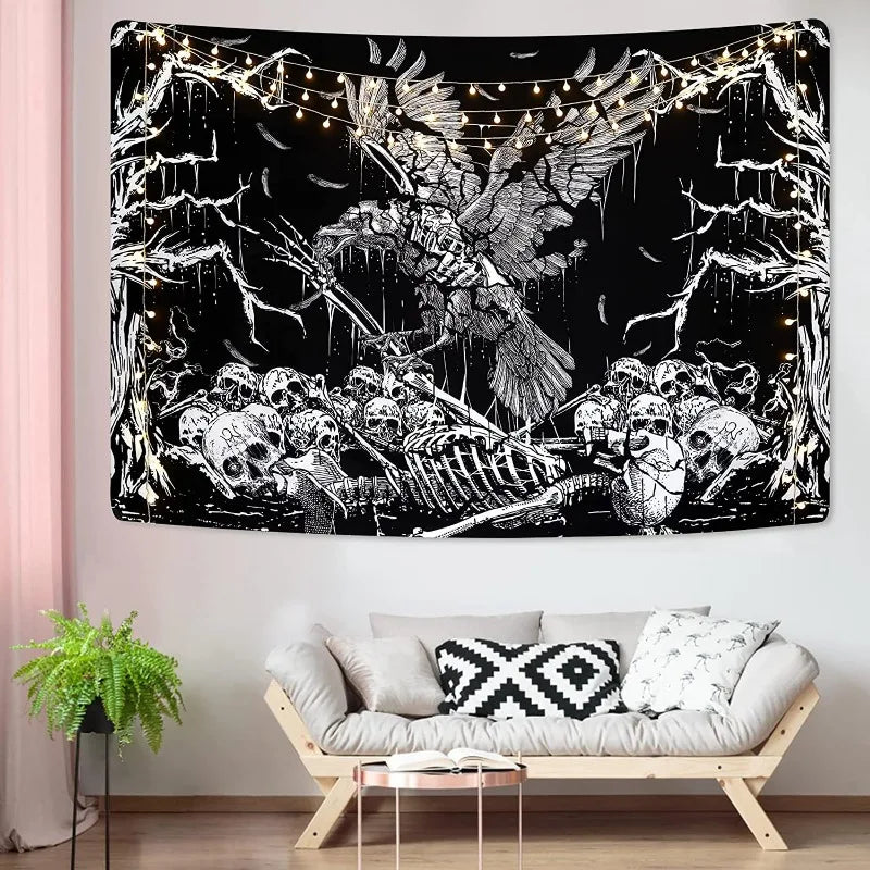 Gothic Skull Tapestry Black and White Skeleton Tapestry Wall Hanging for Bedroom Hippie Eyes Boho Home Decor Trippy Moon Cloth