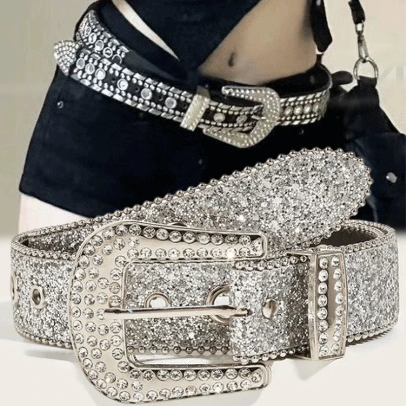 Y2K Fashion Punk Studded Full Rhinestone Belt PU Leather Bling Crystal Adjustable Glitter Waistband for Club Party Girls Gifts