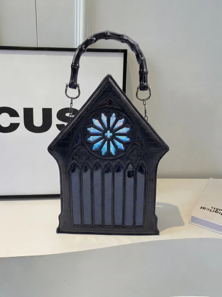 Niche Gothic Chapel Handbag for Women Unique Stained Glass Cathedral Tote Bag Bamboo Crossbody Bag for Dark Grunge Aesthetic