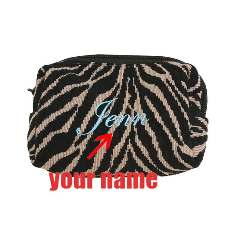 Personalized Embroidery Name Leopard Print Cosmetic Bag Zipper Makeup Bag Wedding Gifts Women Bride's Bridesmaid Travel Bag