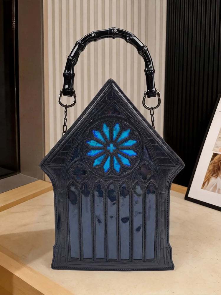 Niche Gothic Chapel Handbag for Women Unique Stained Glass Cathedral Tote Bag Bamboo Crossbody Bag for Dark Grunge Aesthetic