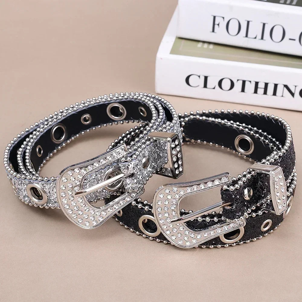 Y2K Fashion Punk Studded Full Rhinestone Belt PU Leather Bling Crystal Adjustable Glitter Waistband for Club Party Girls Gifts