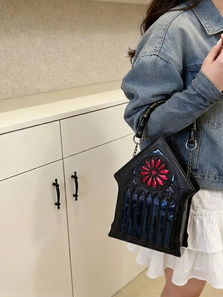 Niche Gothic Chapel Handbag for Women Unique Stained Glass Cathedral Tote Bag Bamboo Crossbody Bag for Dark Grunge Aesthetic