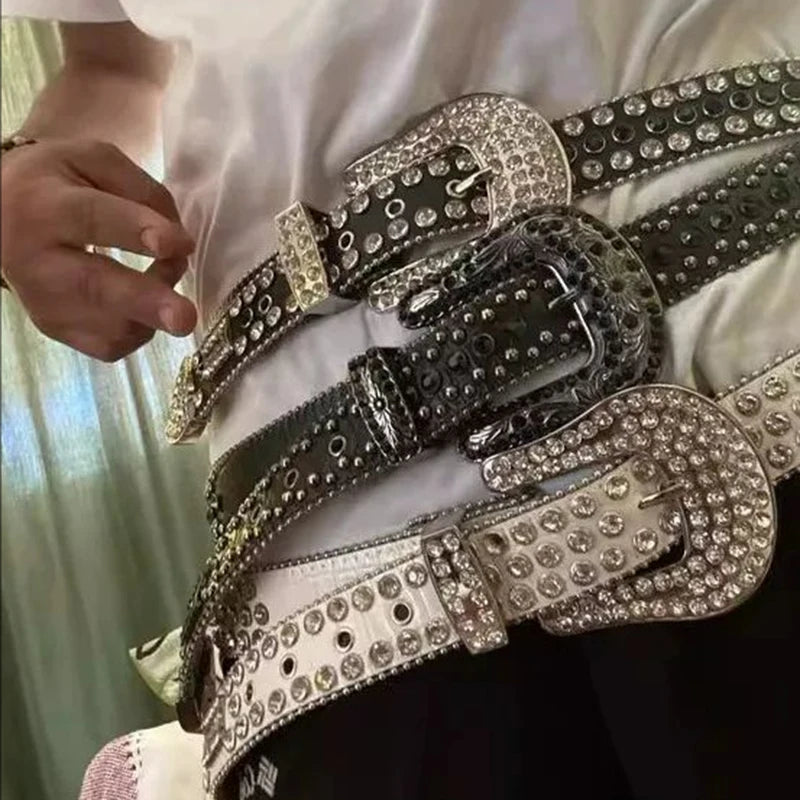Y2K Fashion Punk Studded Full Rhinestone Belt PU Leather Bling Crystal Adjustable Glitter Waistband for Club Party Girls Gifts