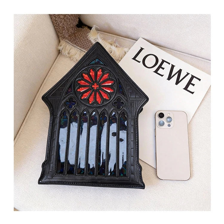 Niche Gothic Chapel Handbag for Women Unique Stained Glass Cathedral Tote Bag Bamboo Crossbody Bag for Dark Grunge Aesthetic