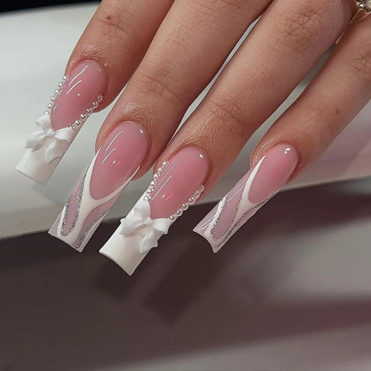 24Pcs Long Coffin French False Nails with Glue Bow Diamond Stick on Press on Acrylic Nails Black Ballerina Nail Art Manicure Tip
