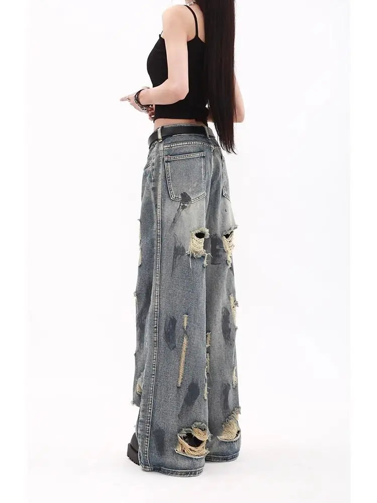 Oversize Blue Ripped Old Hot Girl Y2k American Retro High Waist Fashion Men And Women Hip Hop Straight Loose Wide Legs Jeans
