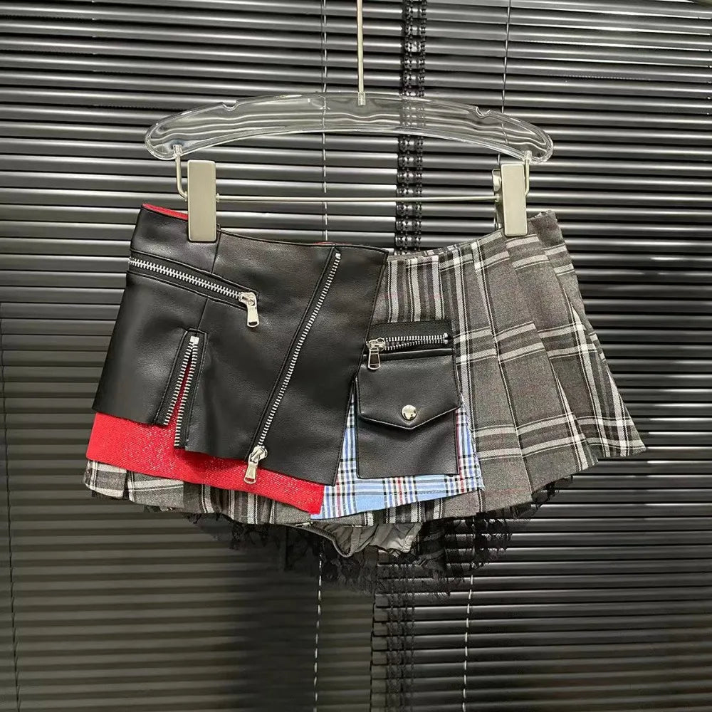 FLARORA Fashion Y2k Patchwork Plaid Design Skirts Woman High Waist Zip Pocket Mini Pleated Skirt Trendy Female Street Bottoms