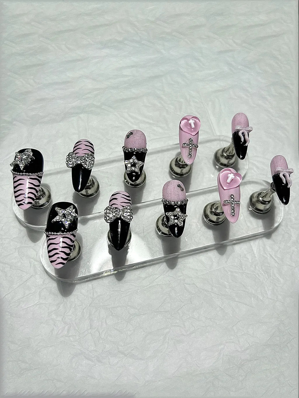 Y2K Baddie Gyaru Black Pink Long Tip French Press On Nails Jirai Nail 3D Bow Star Cross Love Zebra Print Yami Kawaii Fake Nails