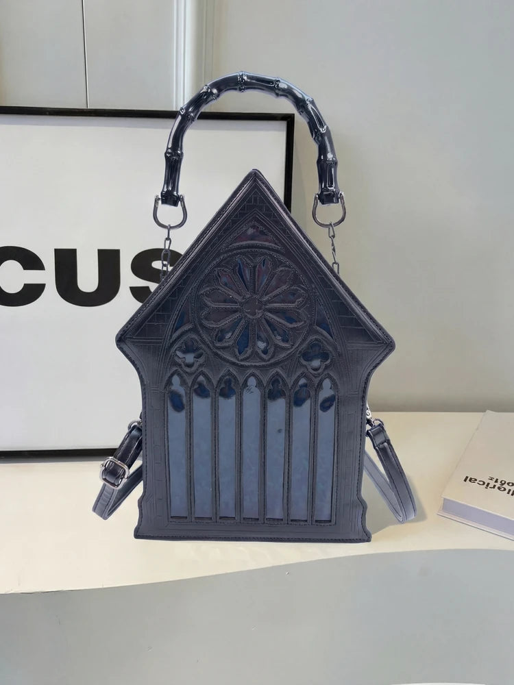 Niche Gothic Chapel Handbag for Women Unique Stained Glass Cathedral Tote Bag Bamboo Crossbody Bag for Dark Grunge Aesthetic