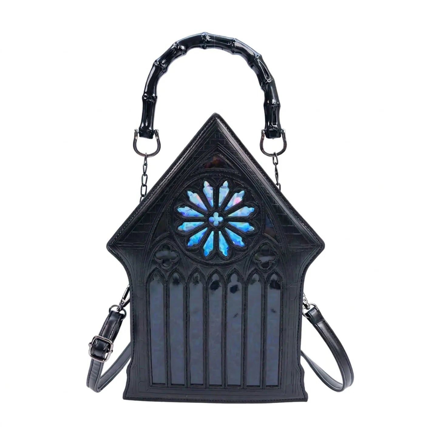 Niche Gothic Chapel Handbag for Women Unique Stained Glass Cathedral Tote Bag Bamboo Crossbody Bag for Dark Grunge Aesthetic