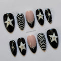 10 pieces of hand-pressed almond-shaped nails, beautiful false nails, featuring black swirl punk stars, suitable for women