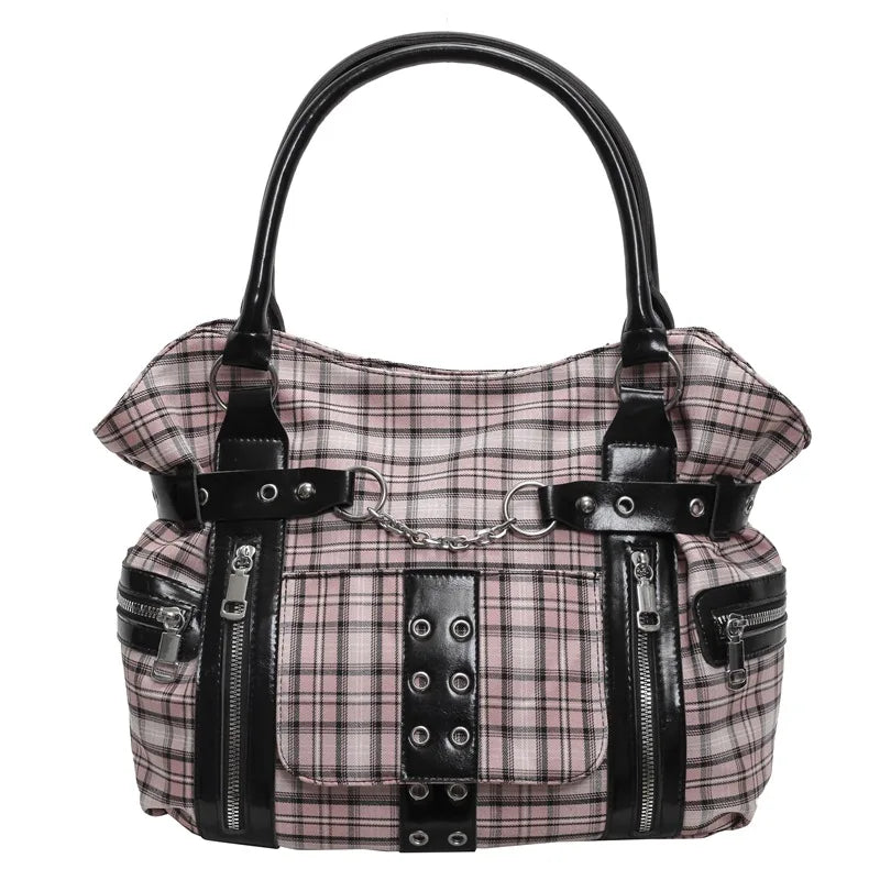 SHELKSBAG Punk Plaid Shoulder Bag Rise Up Gothic Alternative Handcuff Top Handle Tote Women 2025 Trendy New in Crossbody Bags