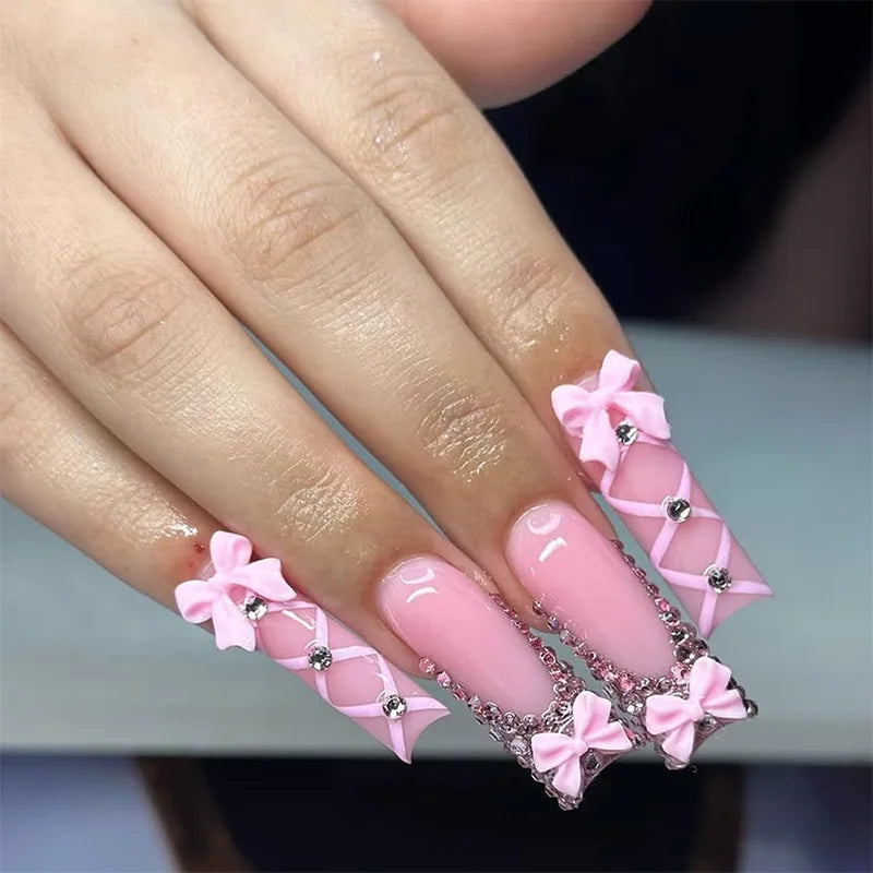 24Pcs Long Coffin French False Nails with Glue Bow Diamond Stick on Press on Acrylic Nails Black Ballerina Nail Art Manicure Tip