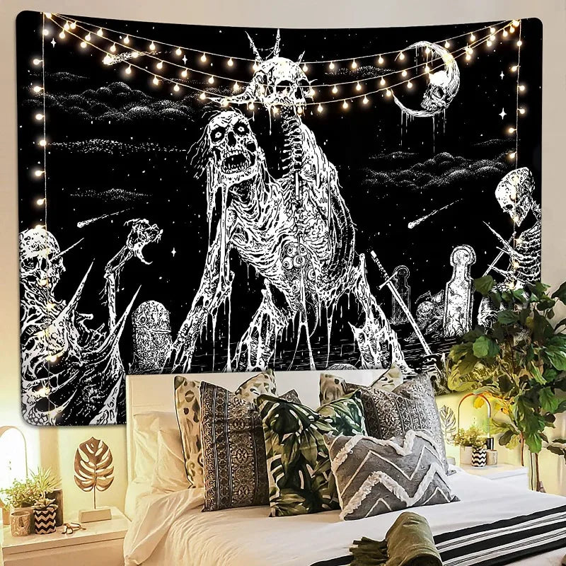 Gothic Skull Tapestry Black and White Skeleton Tapestry Wall Hanging for Bedroom Hippie Eyes Boho Home Decor Trippy Moon Cloth