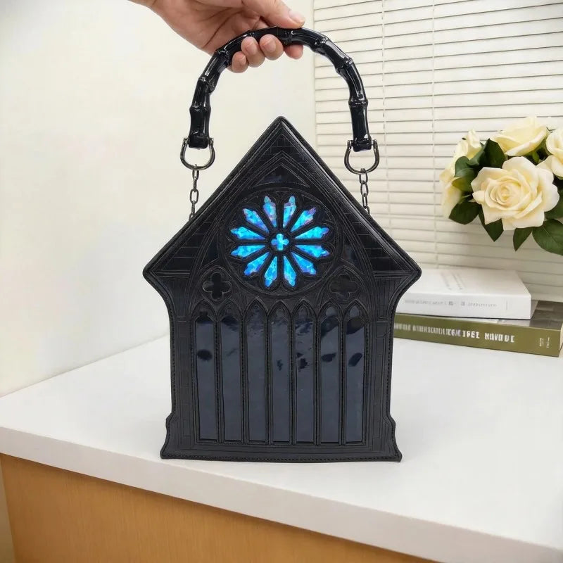 Niche Gothic Chapel Handbag for Women Unique Stained Glass Cathedral Tote Bag Bamboo Crossbody Bag for Dark Grunge Aesthetic