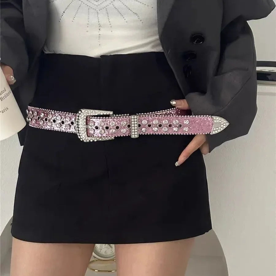 Y2K Fashion Punk Studded Full Rhinestone Belt PU Leather Bling Crystal Adjustable Glitter Waistband for Club Party Girls Gifts