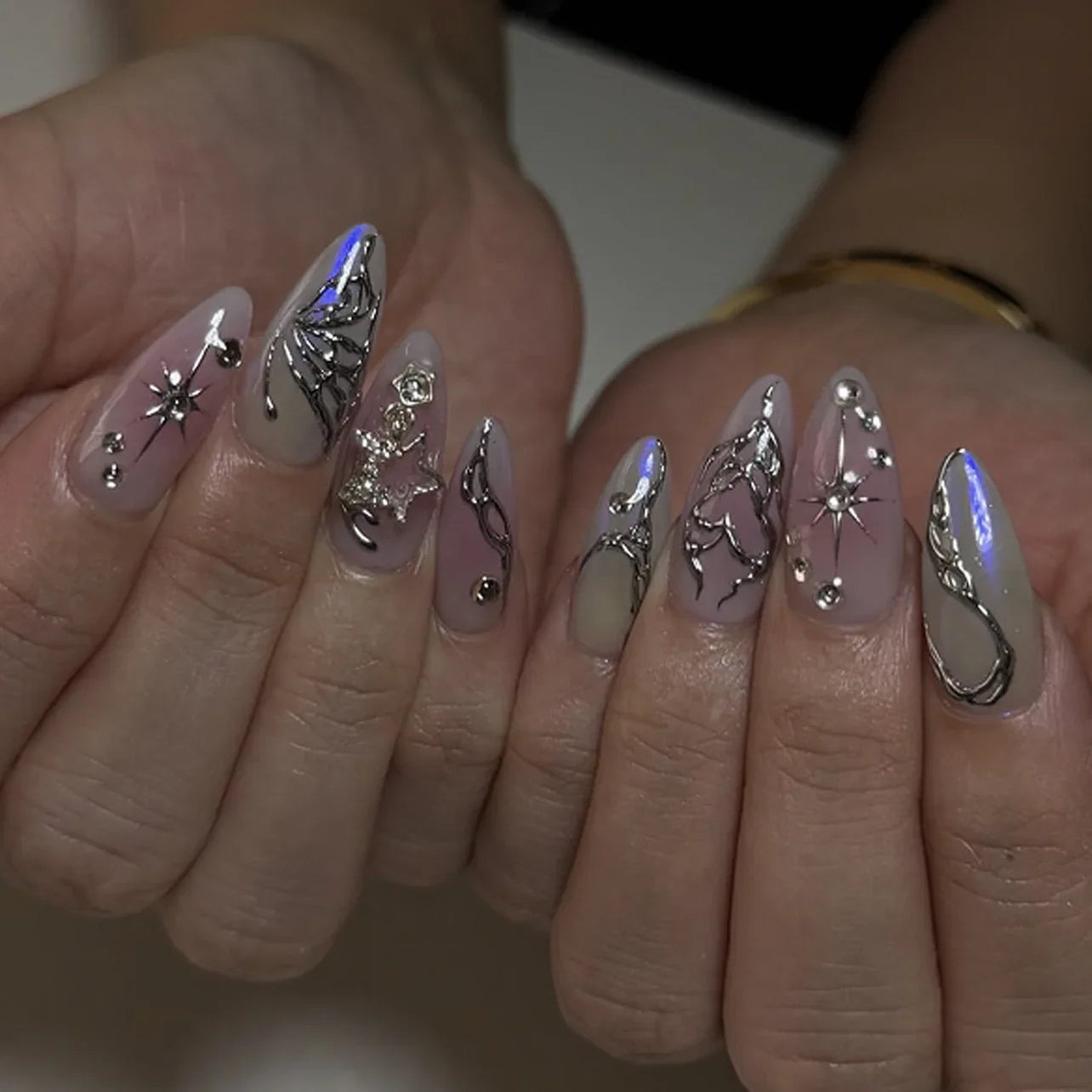 24Pcs False Nails Spicy Girl Silver Bow with Diamond Fake Nails with Glue Almond Press on Nails Black Cool Y2k Almond Nail Set