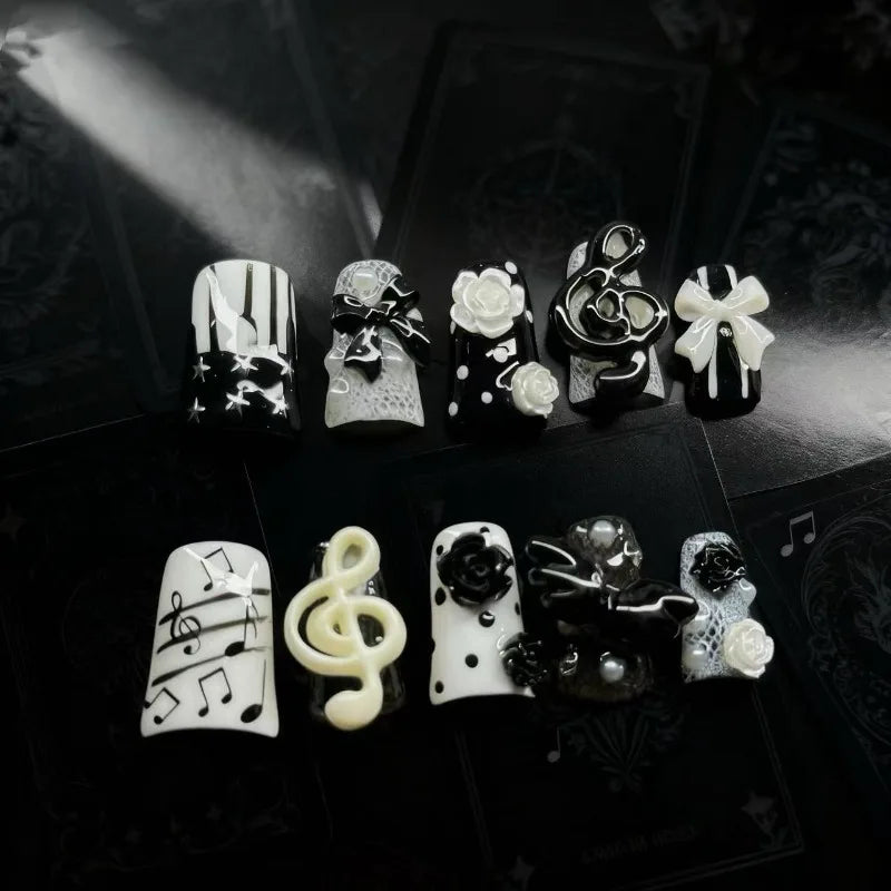 New 10pcs Handmade Gothic Press on Nails Punk Dark 3D Musical Note Design False Nails Fashion Duckbilled French Fake Nail Tips