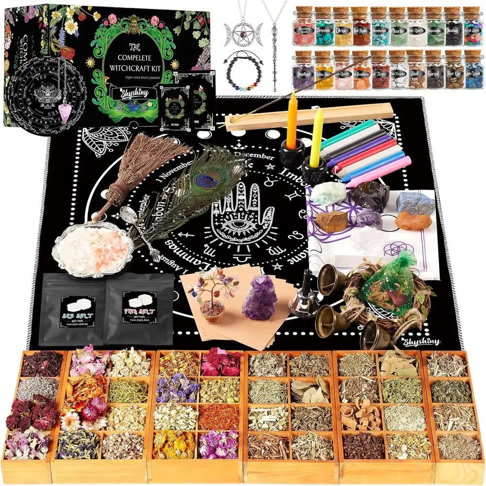 Complete 150-Piece Wiccan Starter Kit: Herbs, Crystals, Candles, Altar Essentials for Witchcraft Beginners
