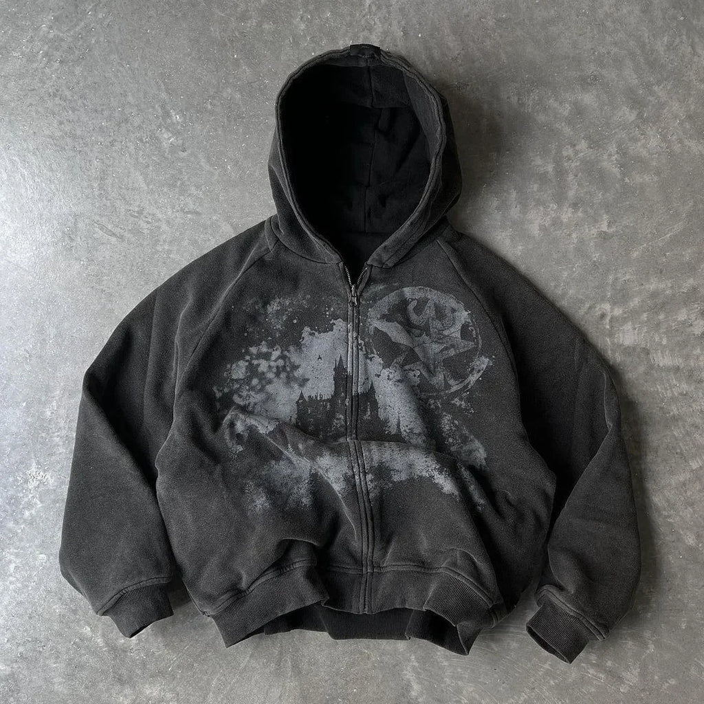 Y2k Gothic Punk Style Printed Star Spot Embroidered Zipper Hoodie Men and Women Fashion Harajuku Retro Oversized Bat Sleeve Top